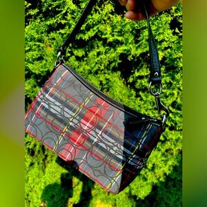 COACH POPPY TARTAN PLAID BAGUETTE With Black Leather Strap & Trim
